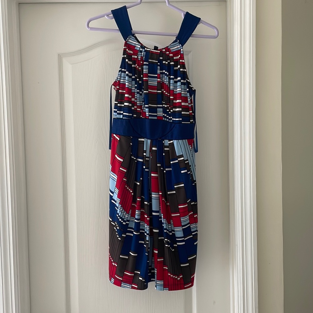 BCBGMAXAZRIA Blue White Red Brown Black Jersey Mod Geometric Stretchy dress